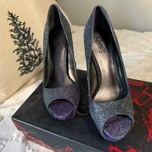 Carlos Santana Glitter Peep Toe Heels - Black and Purple